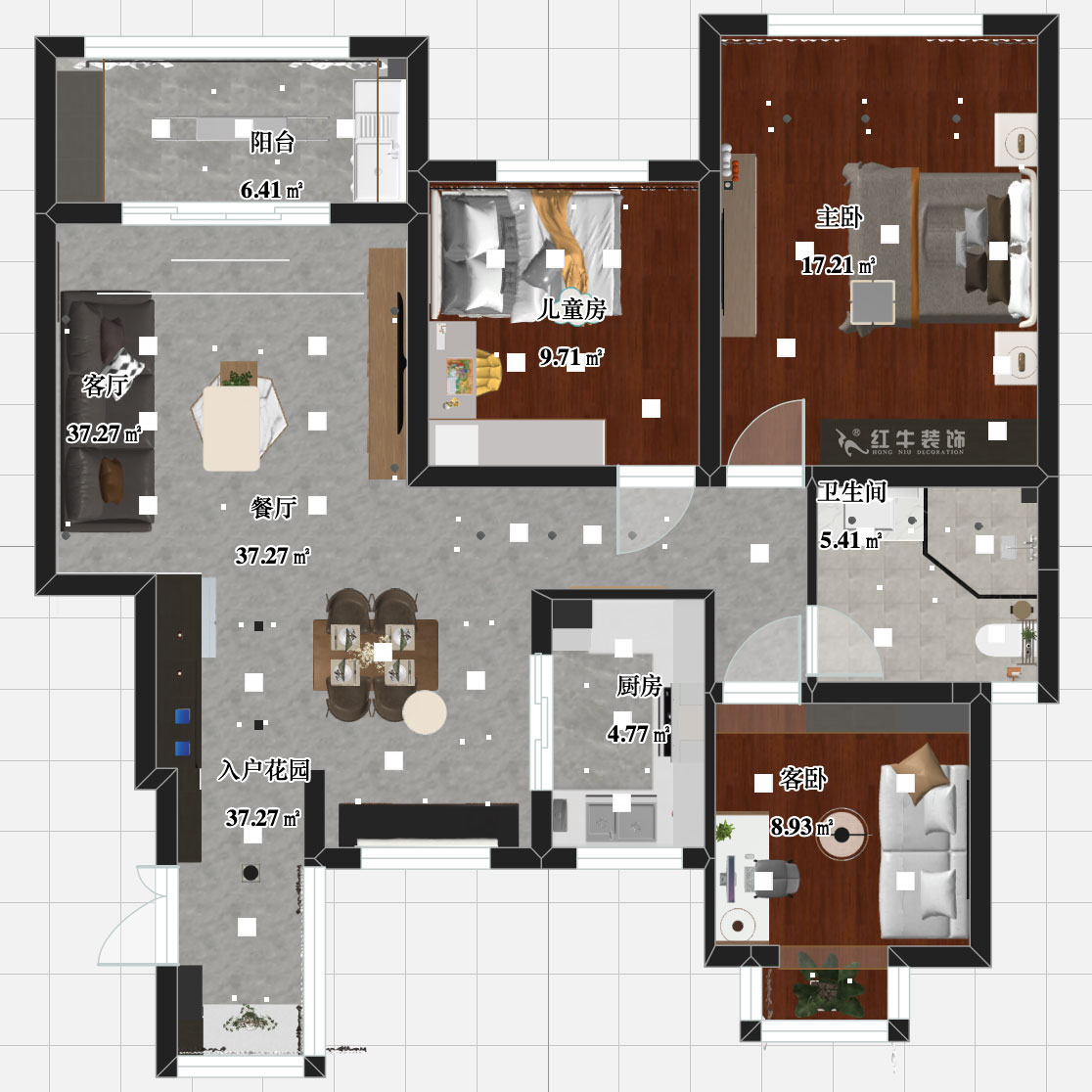 张智猿｜弘阳上院19-504-110㎡-现代风格｜3室2厅1卫｜新房装修｜定制家￥100902｜全包14万｜00_03平面彩图